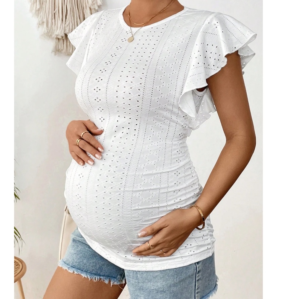 Maternity Eyelet Ruffle Cap Sleeve Stretchy Top